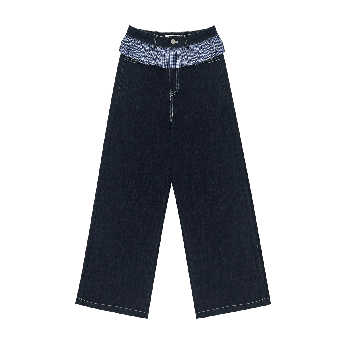 Ruffled Plaid Patchwork Straight Jeans - CHINASQUAD