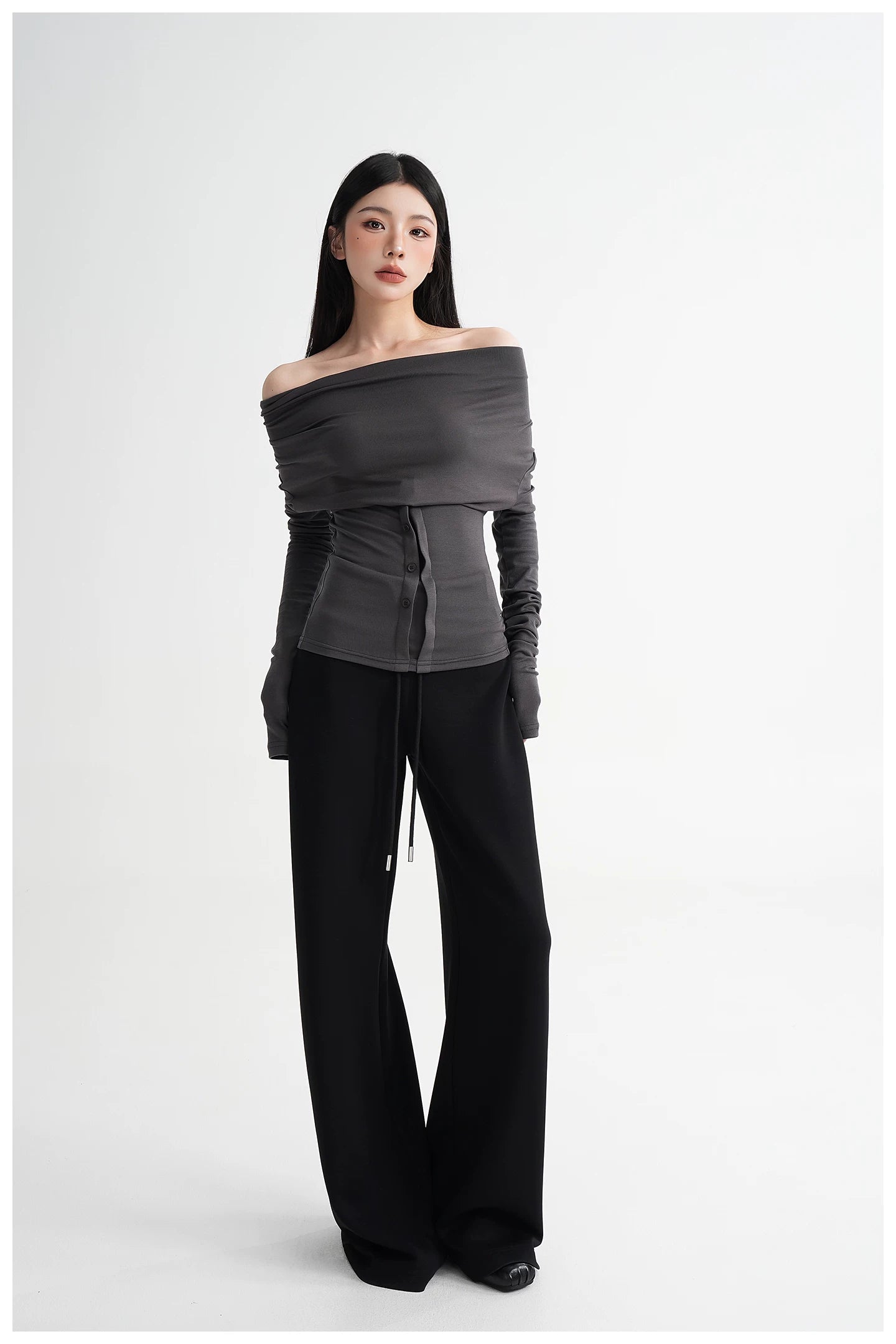 Neck Off-Shoulder Fitted Long Sleeve T-Shirt