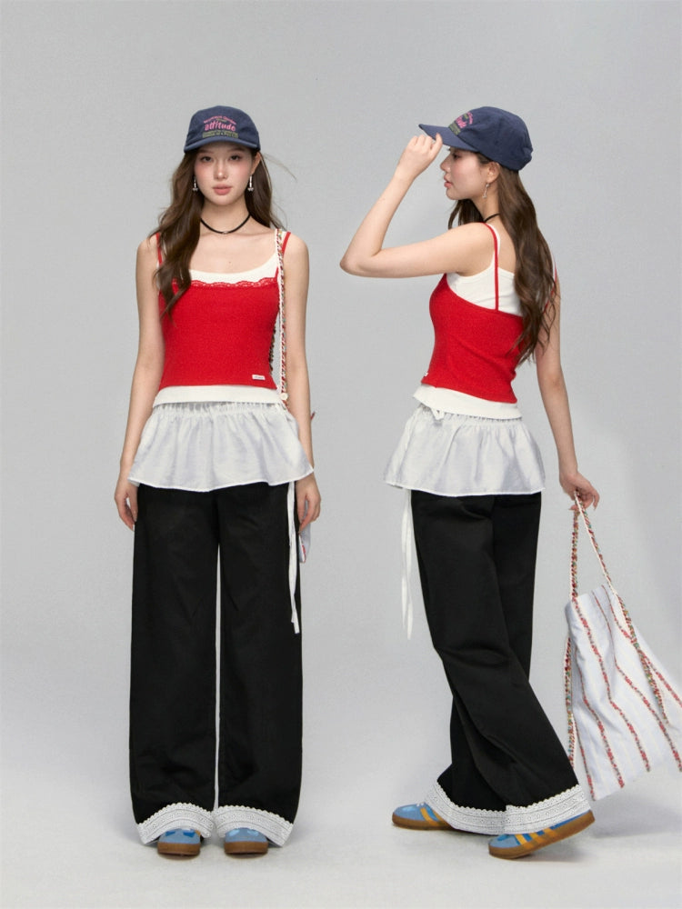 Lace-Trim Relaxed Blade-Cut Pants