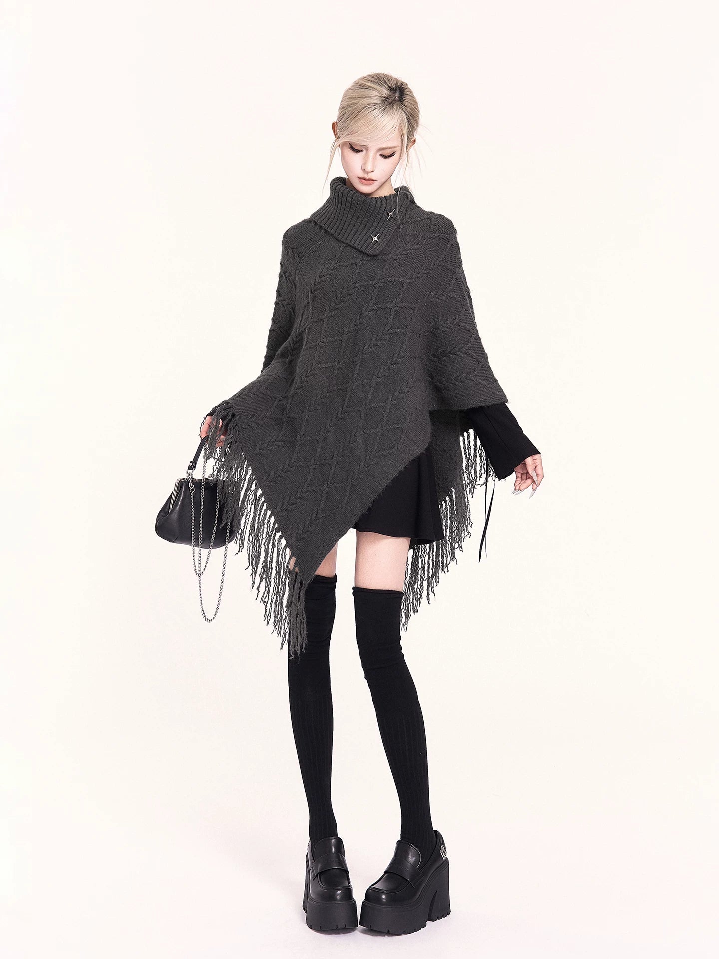 Asymmetric Turtleneck Knit Cape