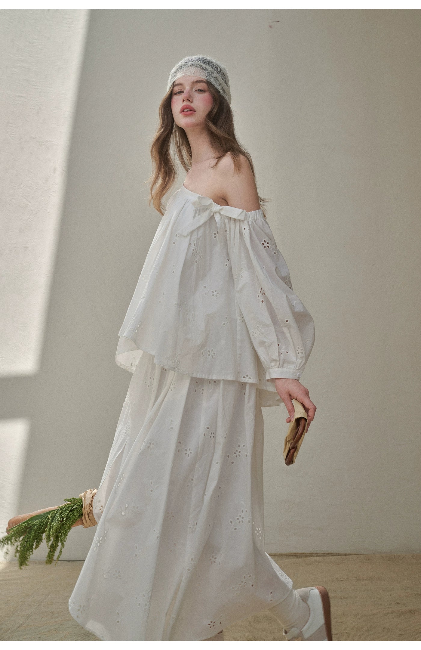 “Good Weather” Embroidered Cotton Blouse & Skirt Set