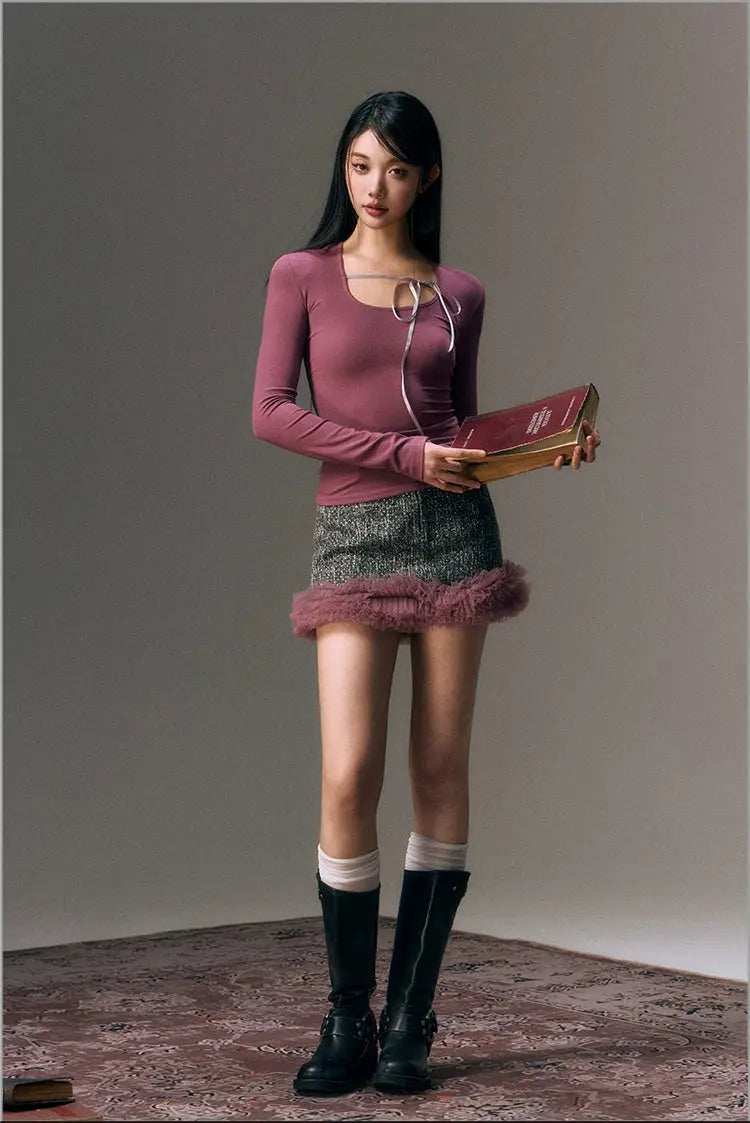 Gray Mesh Trim Tweed Mini Skirt - CHINASQUAD