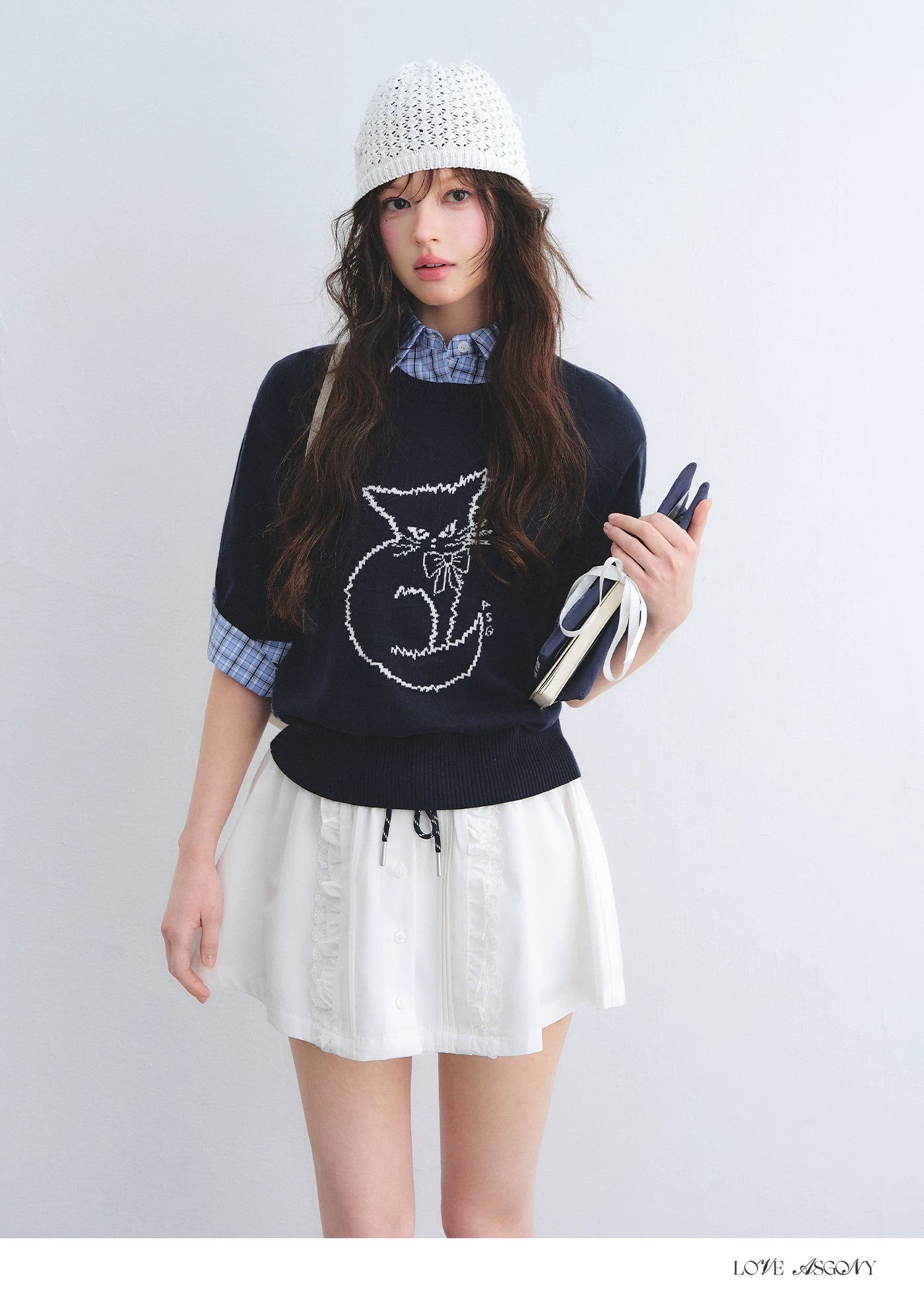 Jacquard Cat Motif Short Sleeve Knit Top
