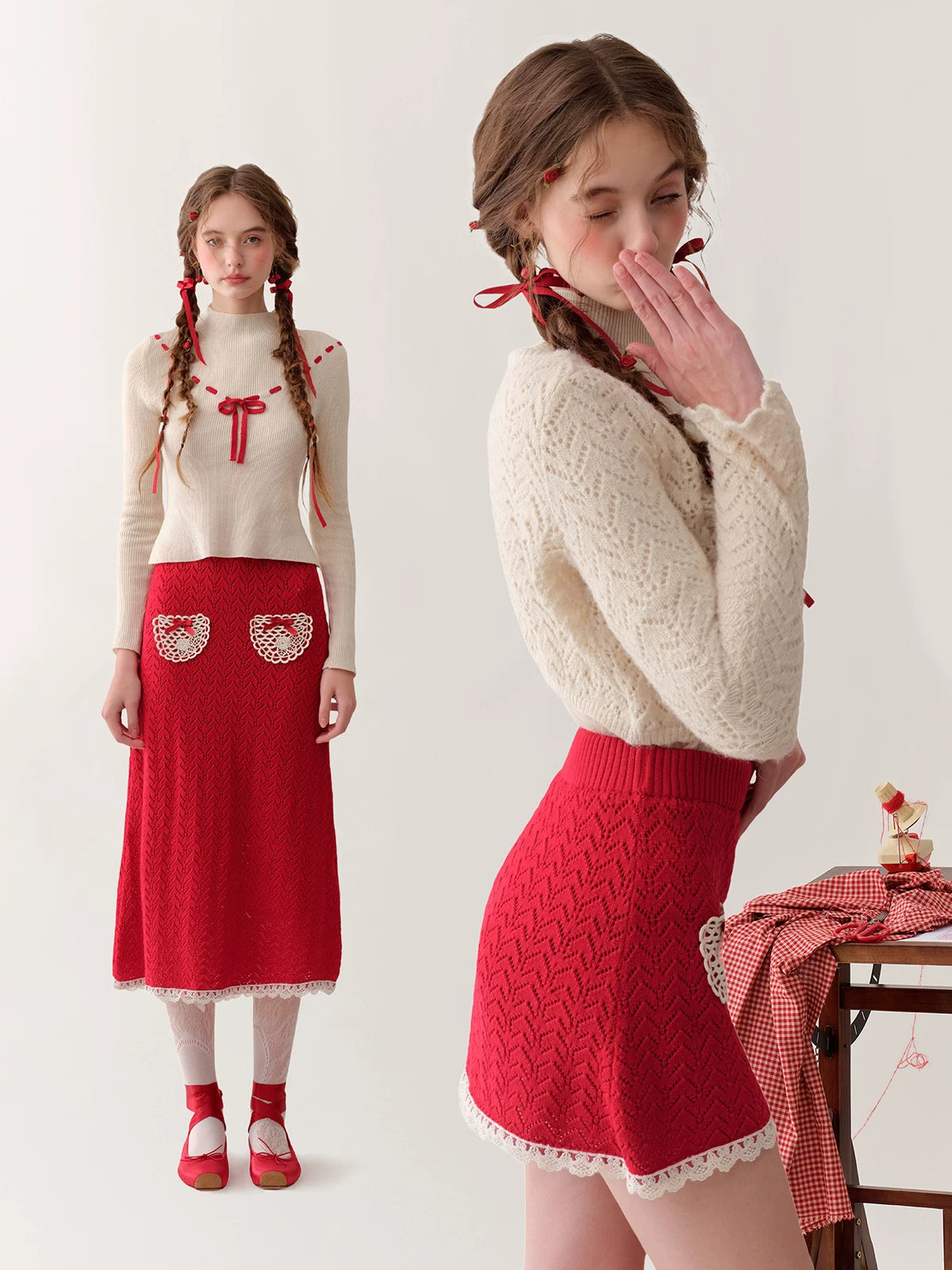 Collegiate White Mock-Neck Knit Top & Skirt Set