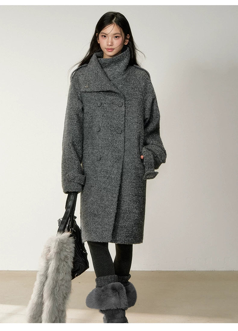 Stand-Collar Bouclé Wool Long Coat