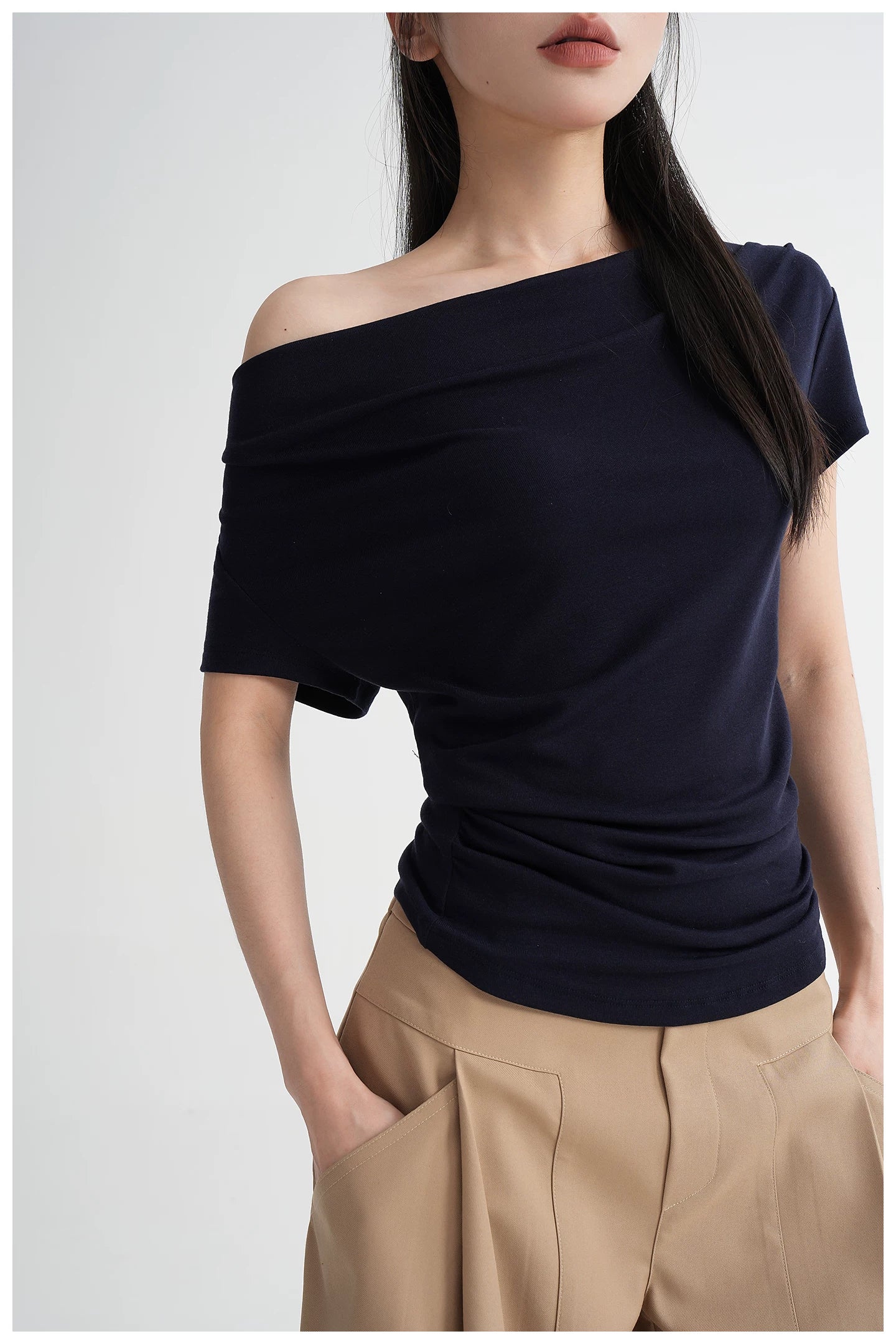 Draped Off-Shoulder Fitted Short Sleeve T-Shirt