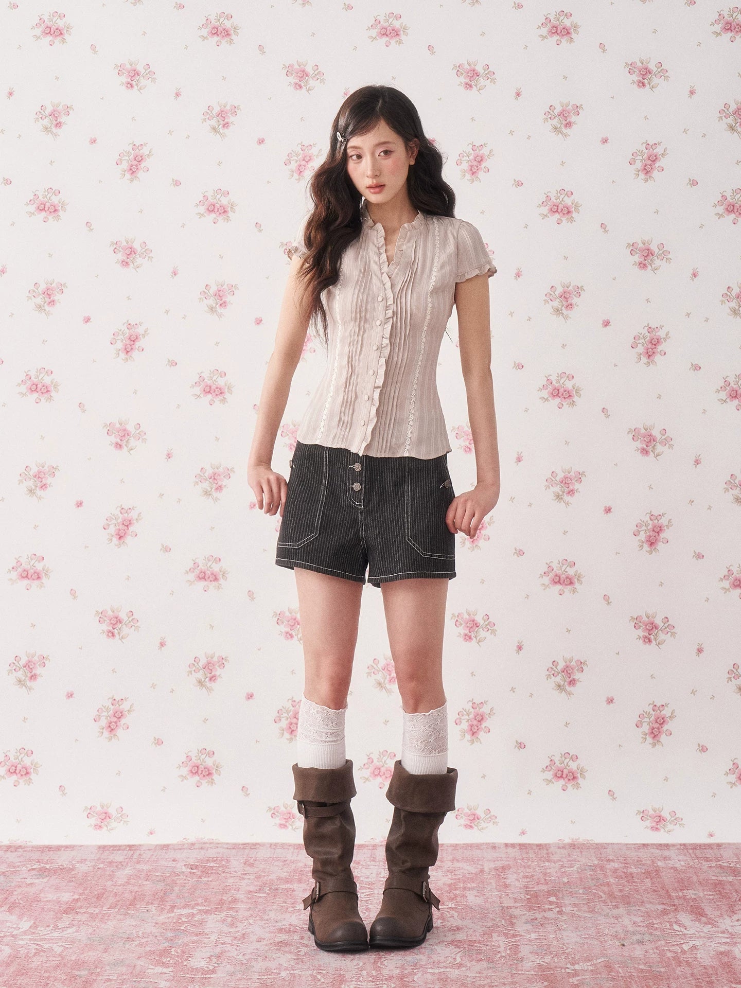 Ruffle Lace Waist-Fit Short Sleeve Blouse