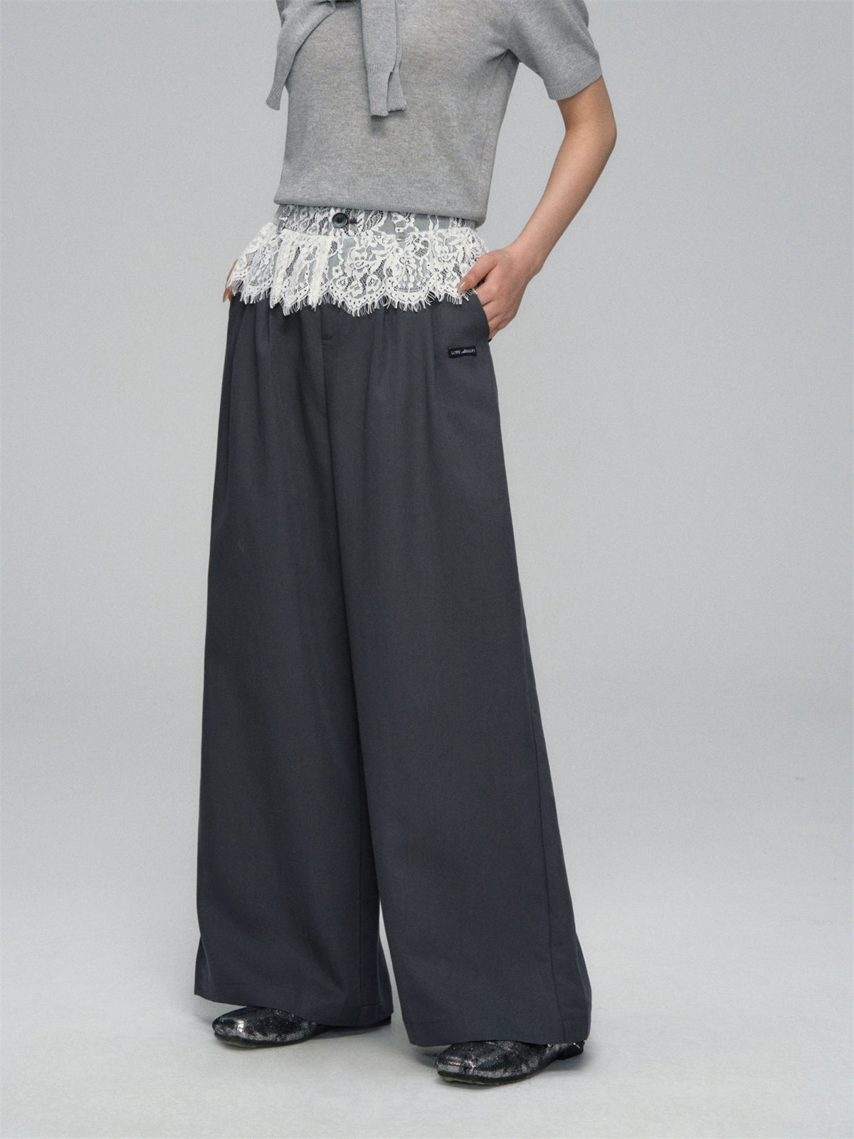 Waistband Lace-spliced Faux Two-piece Long Pants - CHINASQUAD