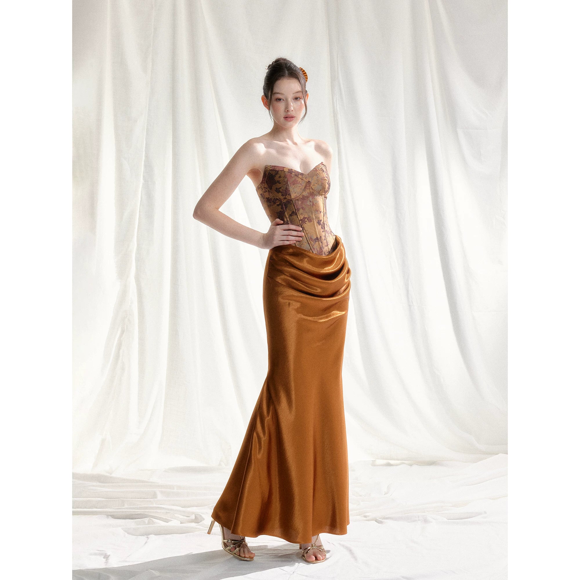 Jade Whisper Jacquard Corset Satin Evening Gown