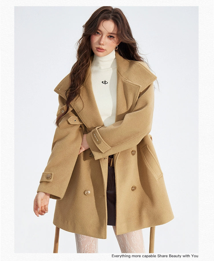 Double-Breasted Wool Blend Stand-Collar Coat