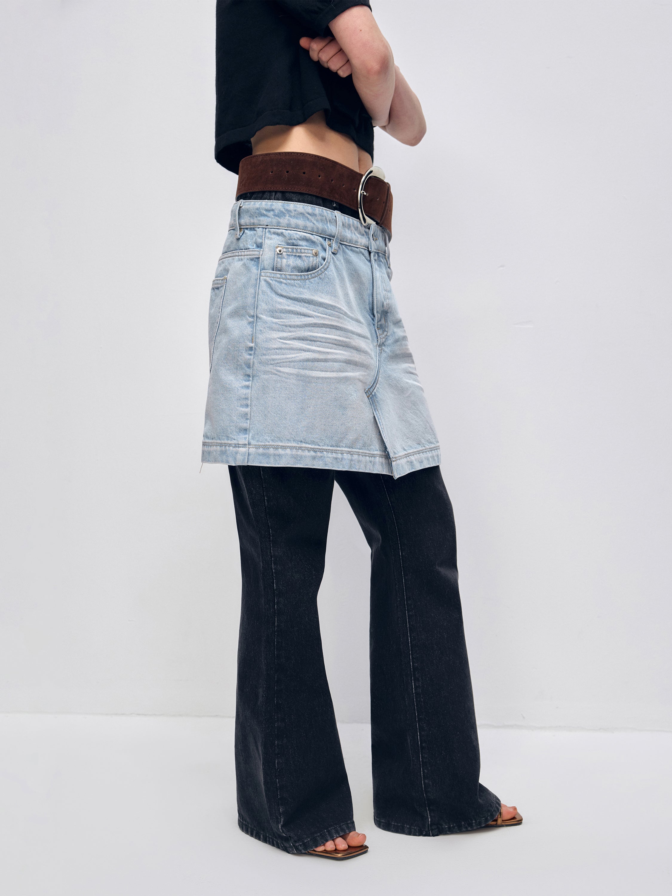Color Block PatchworkFake Two-Piece Denim Flared Skirt Pants - CHINASQUAD