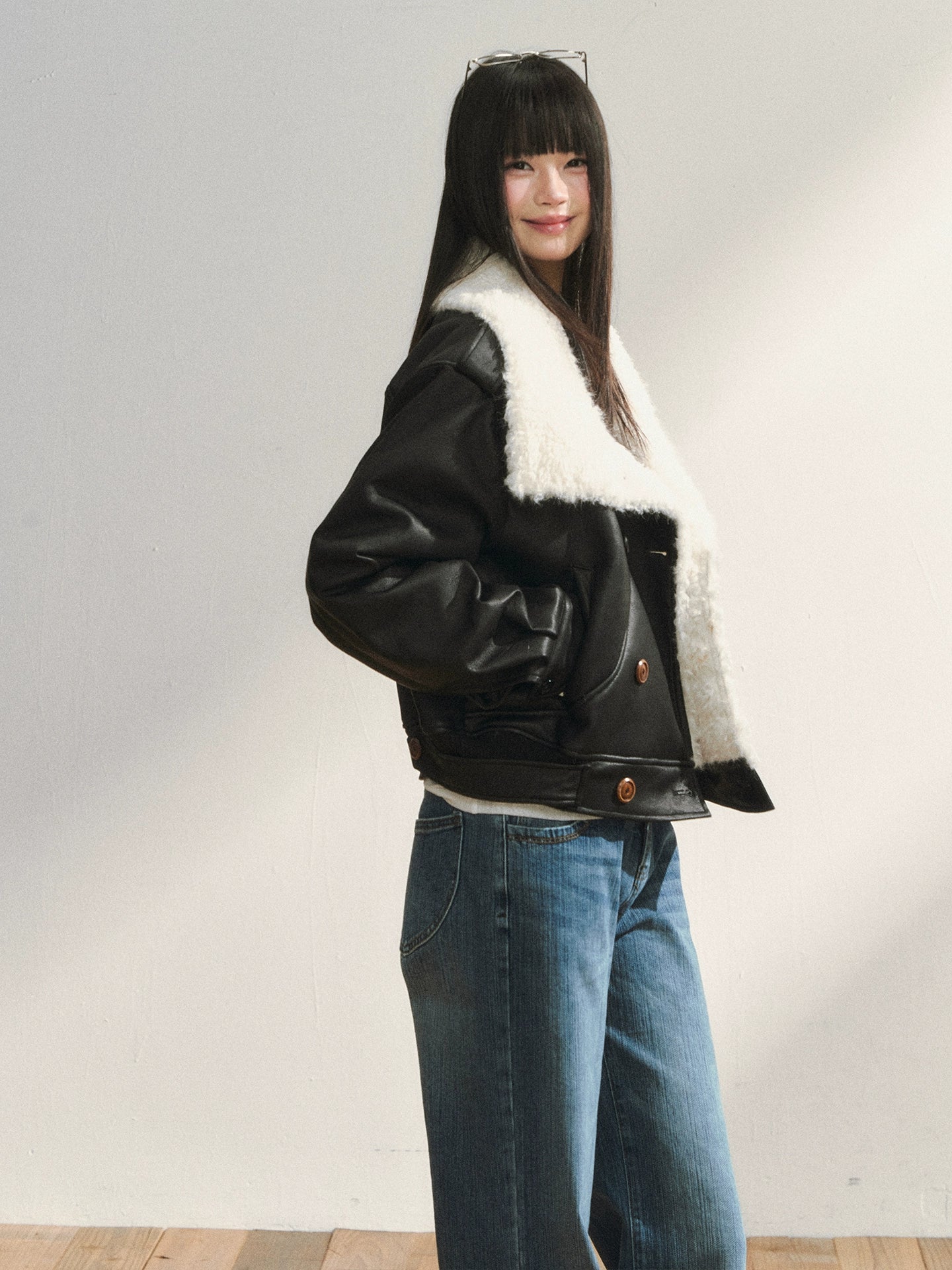Black Faux Shearling Double-Breasted Leather Jacket
