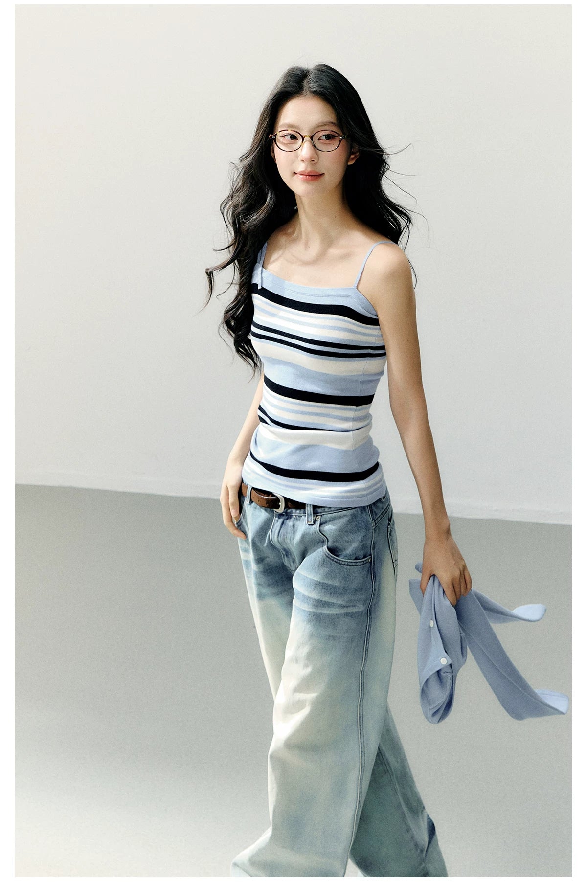 Structured Vest & Striped Camisole Two-Piece Set