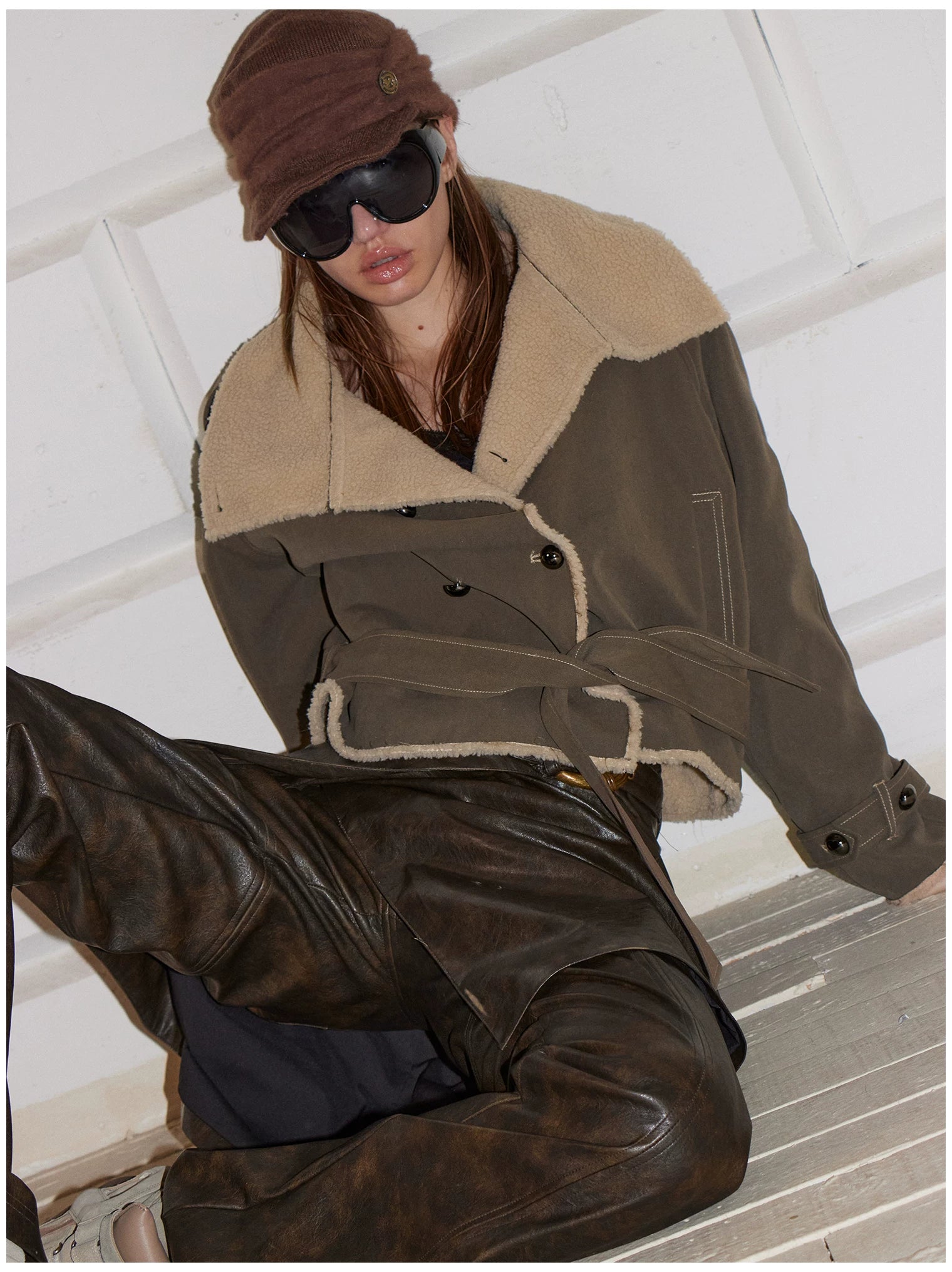 Contrast Fleece-Panelled Shearling Short Coat