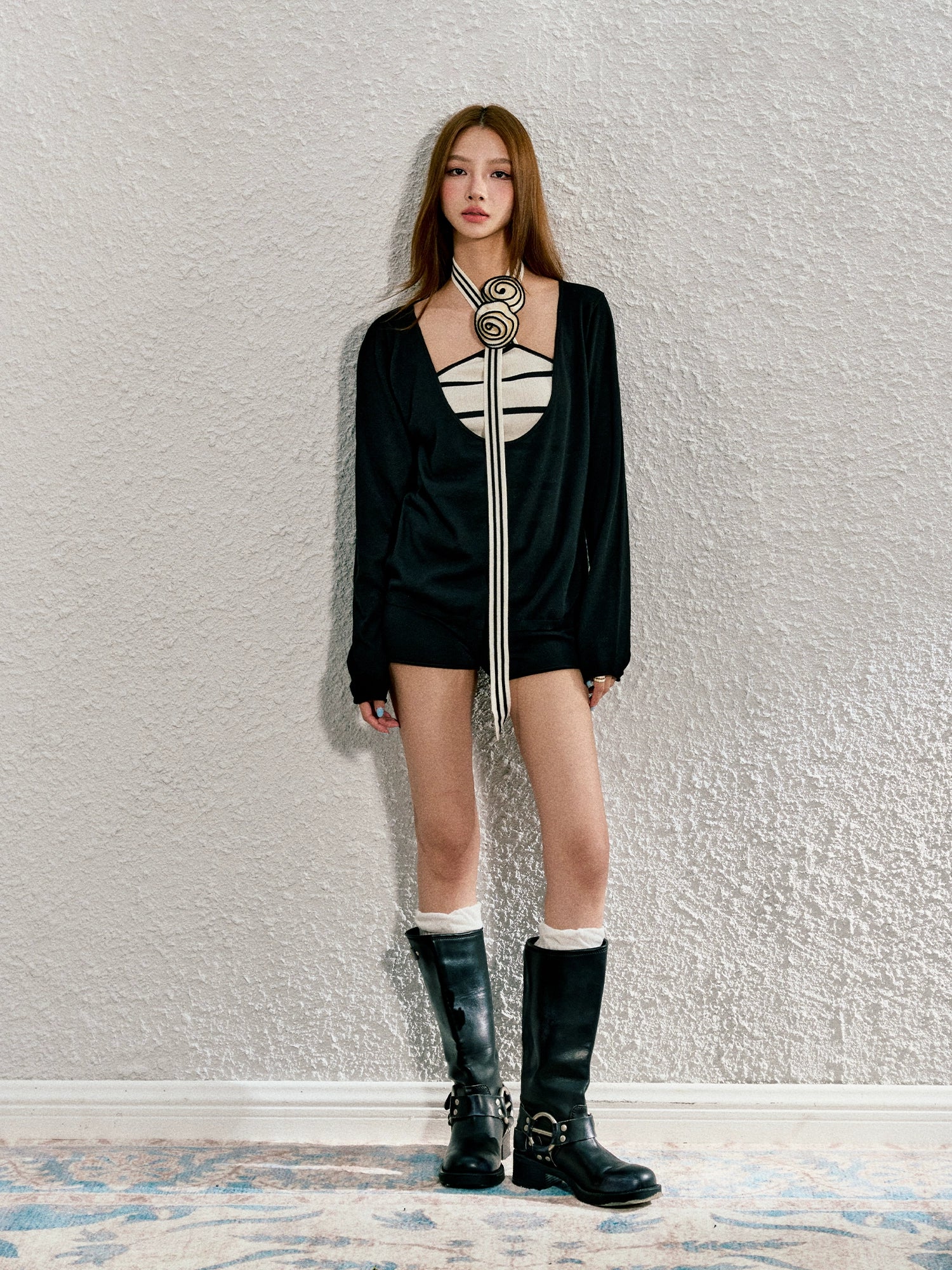 Striped Oversized U-neck Top Set - CHINASQUAD