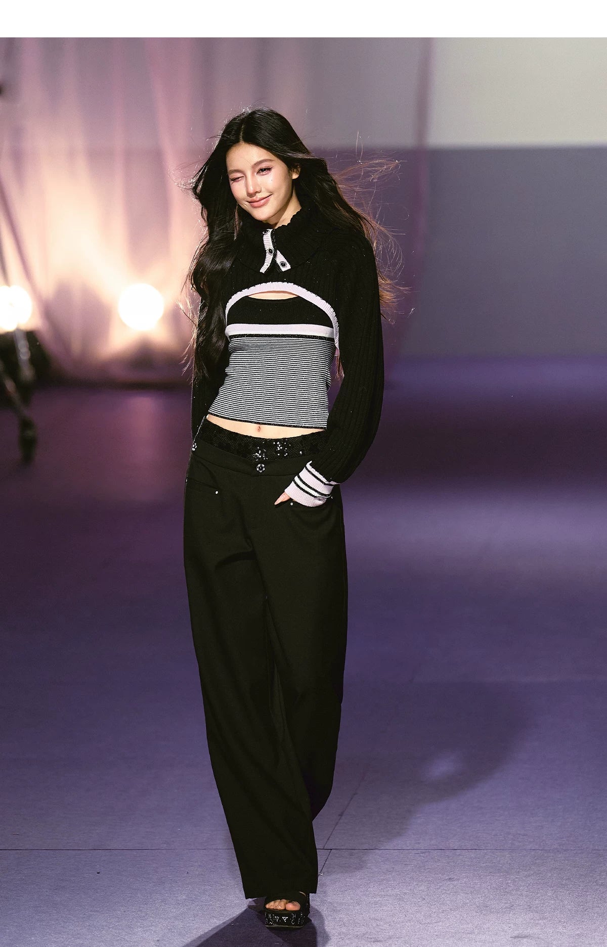 Contrast Turtleneck Layered Vest & Striped Camisole Set