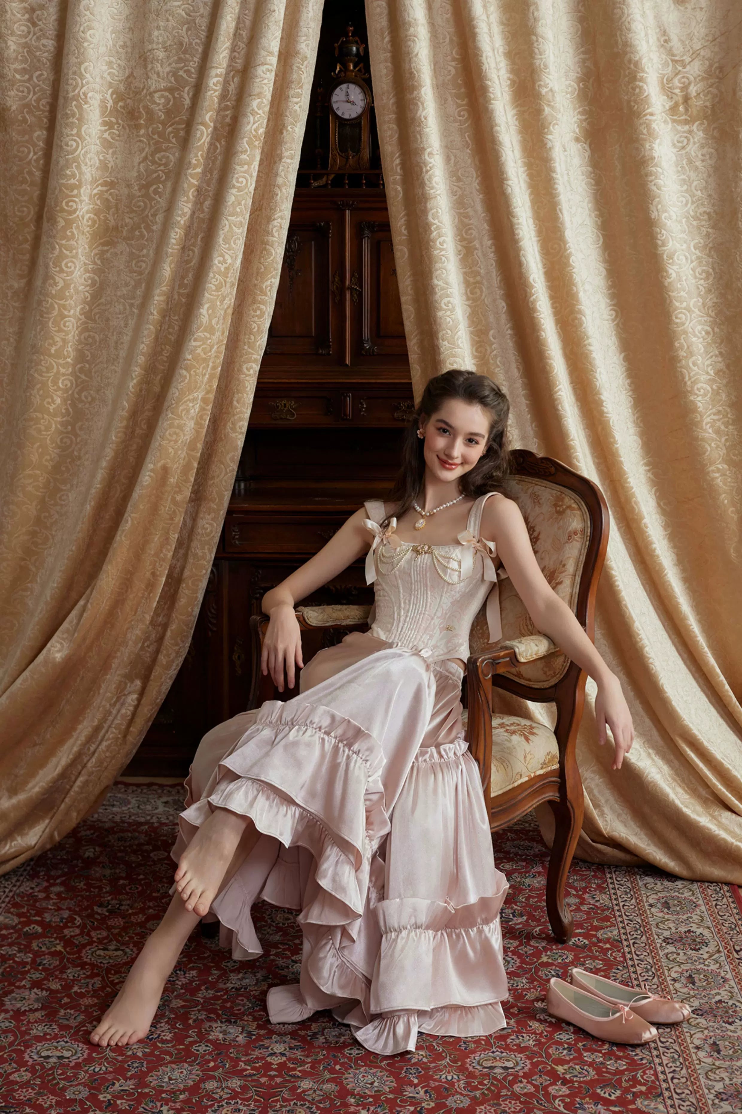 Jacquard Corset Top & Satin Ruffle Skirt Set