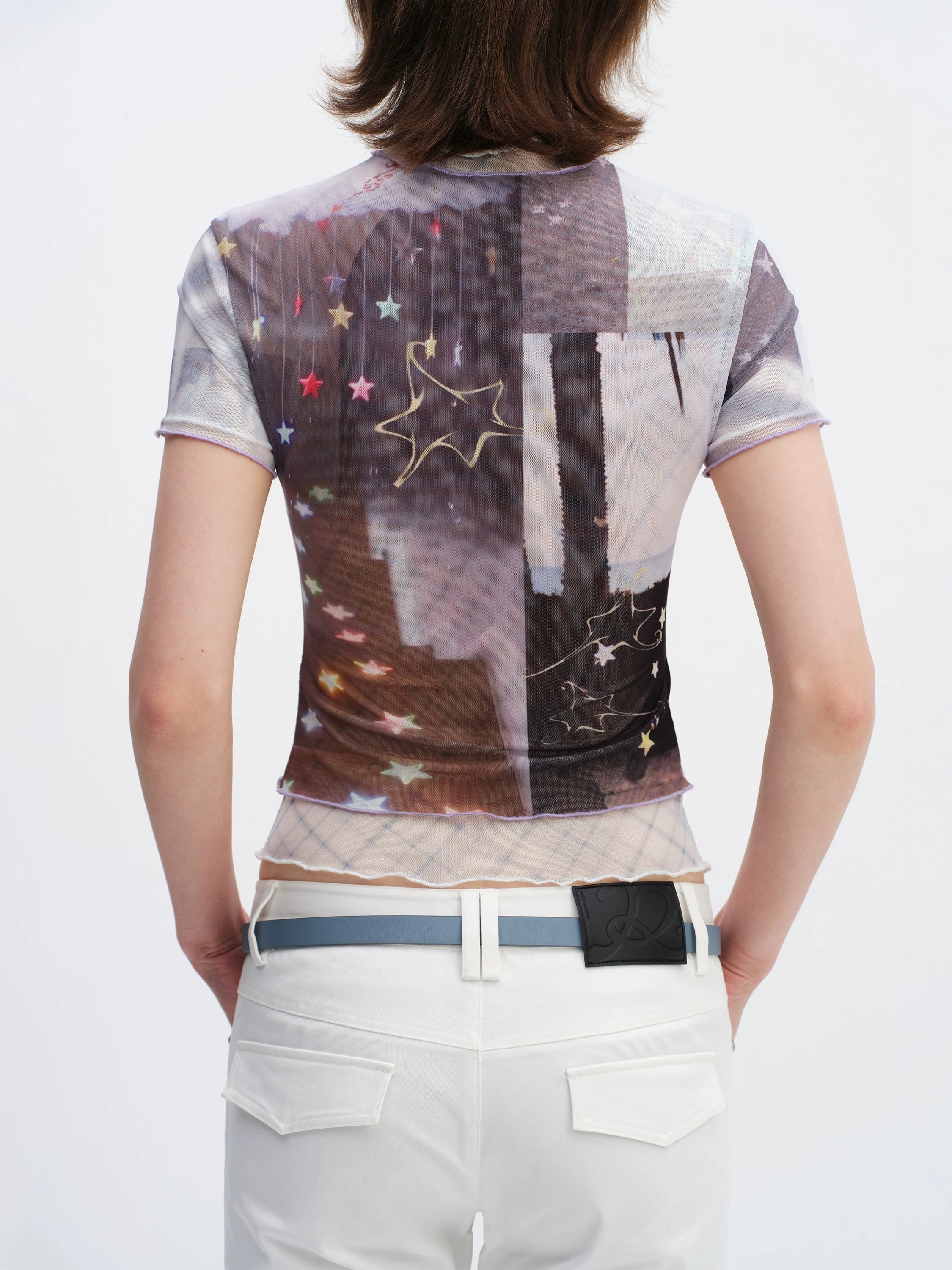 Magic Fountain Sheer Mesh Layered Slim-Fit T-Shirt