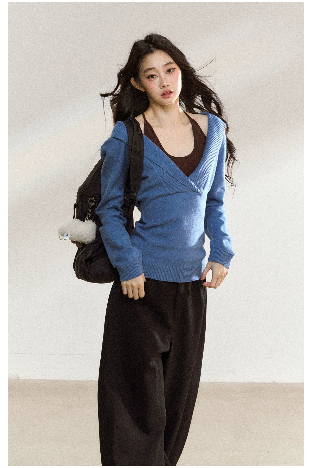 Blue Off-Shoulder Knit Sweater Cardigan - CHINASQUAD