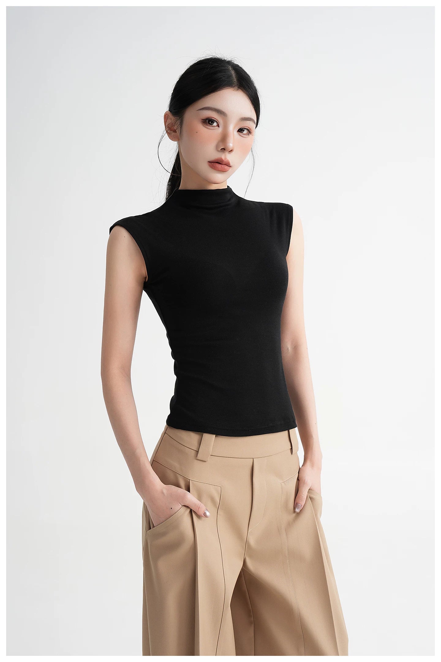 Silk Lyocell High-Neck Sleeveless Fitted T-Shirt