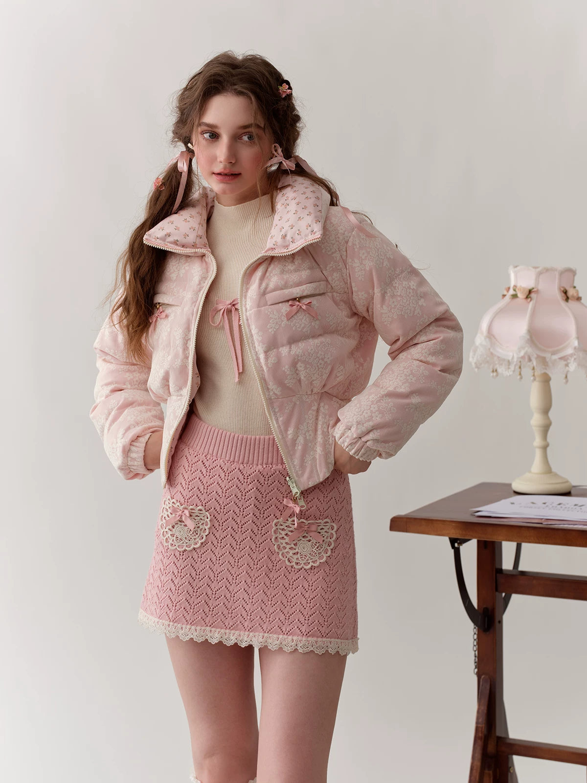 Collegiate White Mock-Neck Knit Top & Skirt Set