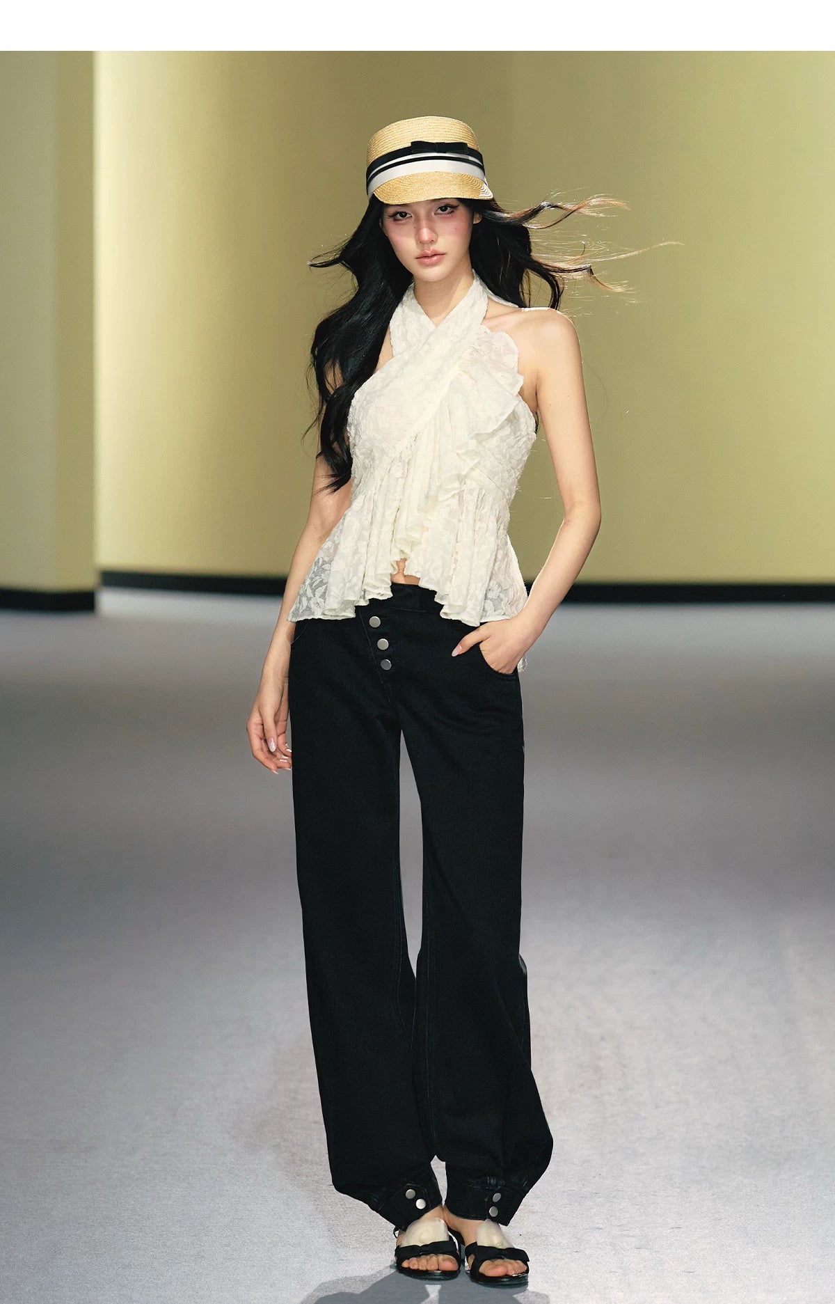 Asymmetric Placket Straight-Leg Denim Trousers