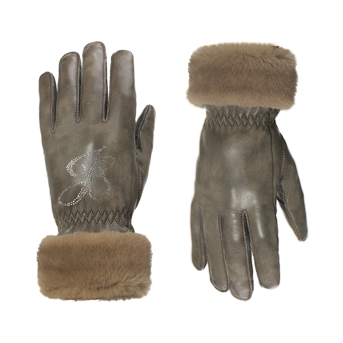 Fur Spliced Rhinestone Winter Gloves