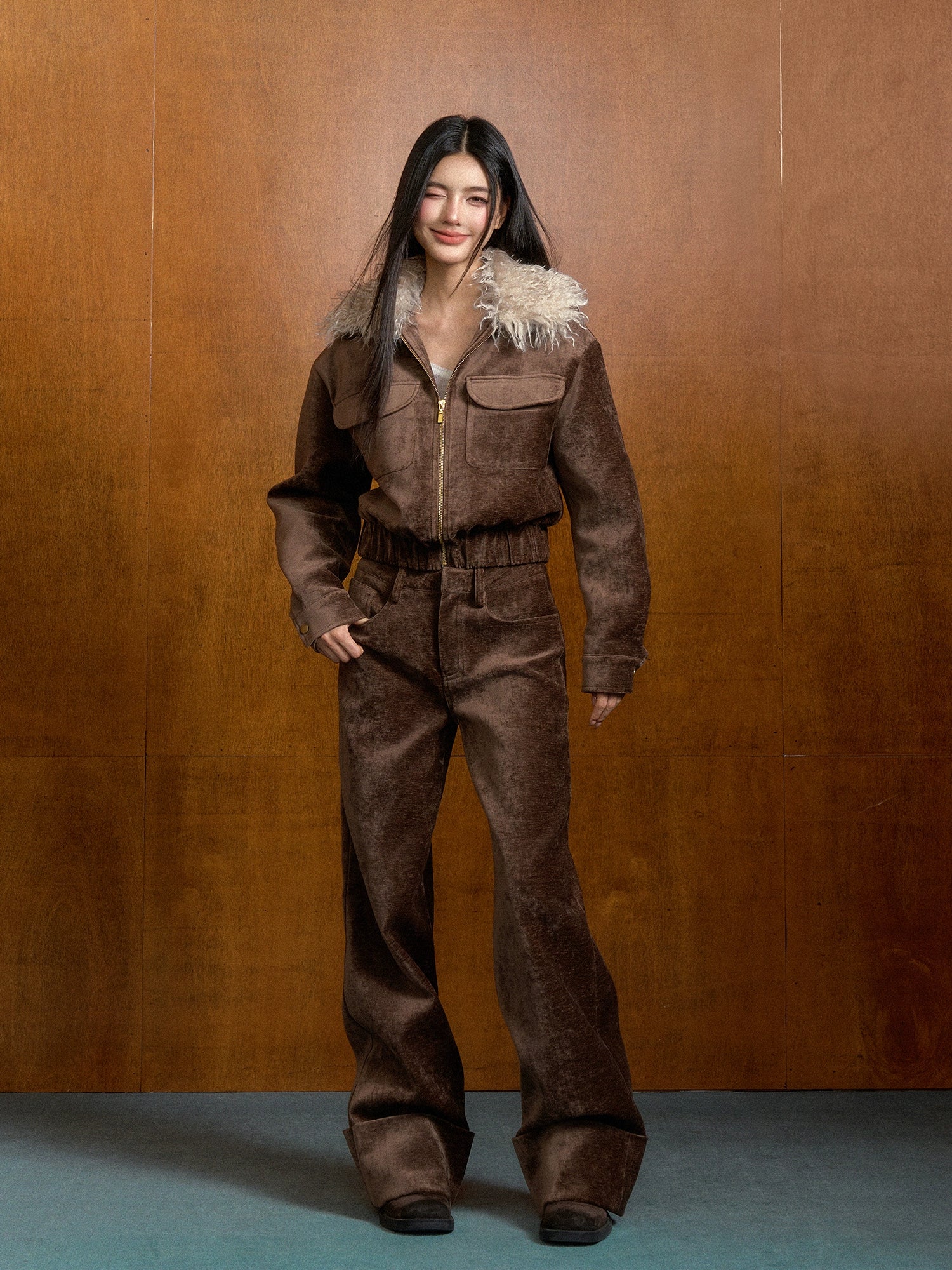 Suede High-waisted Folded Cuff Trousers - CHINASQUAD