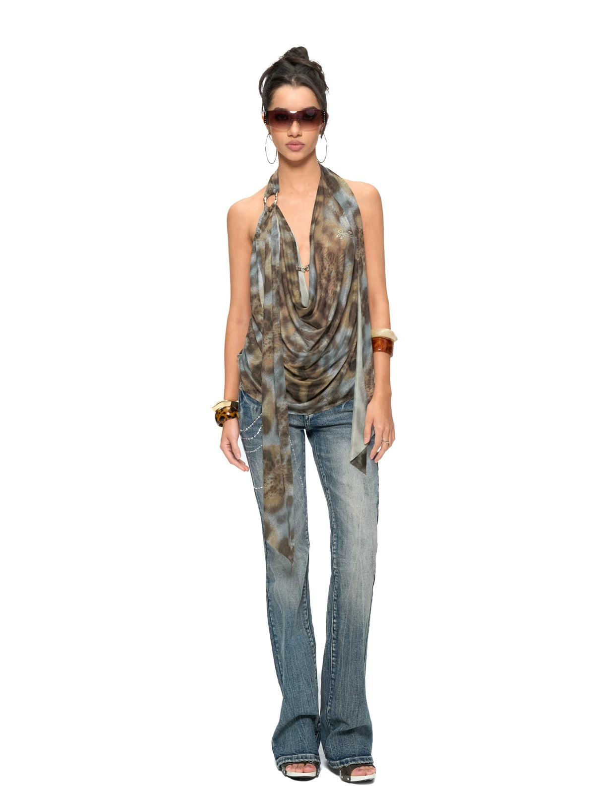 Leopard Drape-Front Backless Mesh Camisole