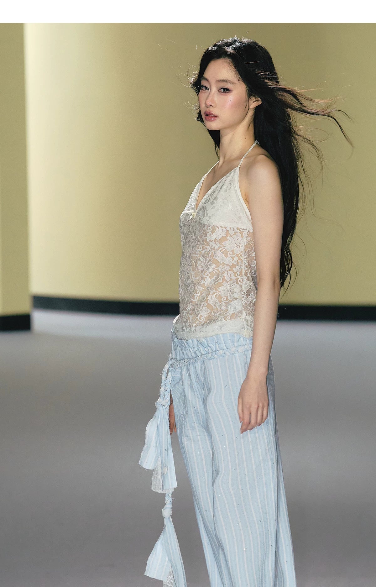 Hand-Braided Drawstring Striped Wide-Leg Trousers