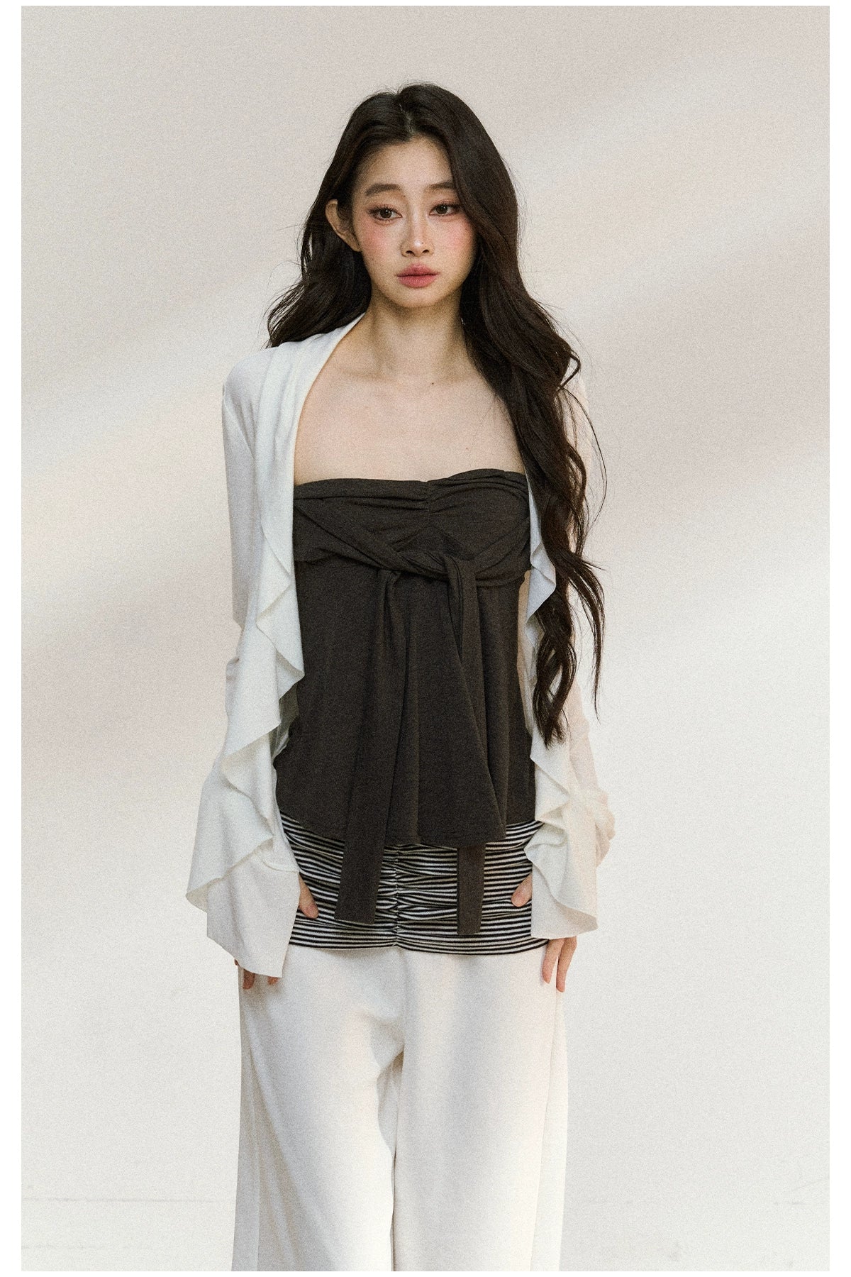 Layered Ruffle-Edge Cardigan & Tube Top Set - CHINASQUAD