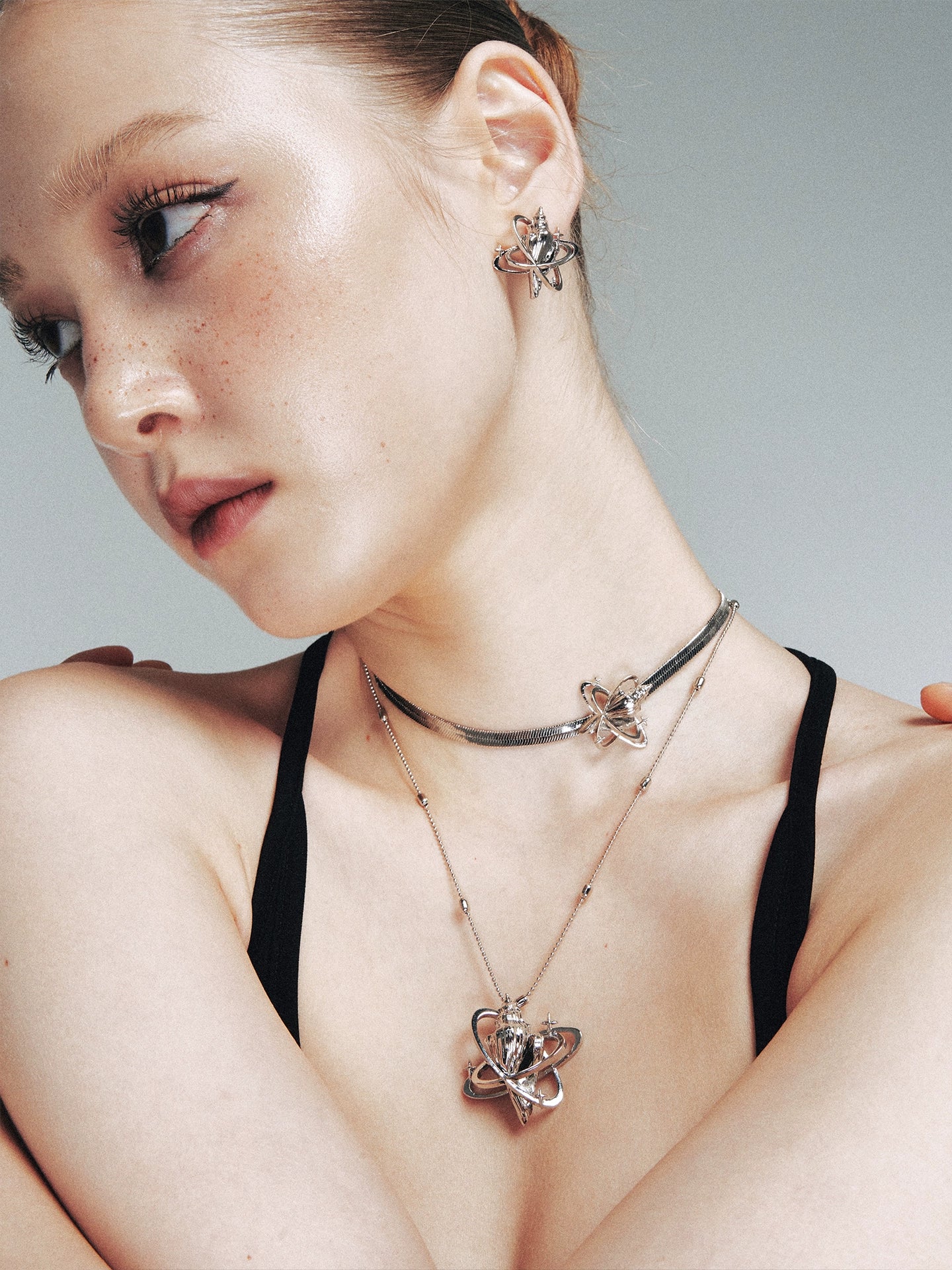 Dual-Tone Conch Star Snake Chain Choker Necklace