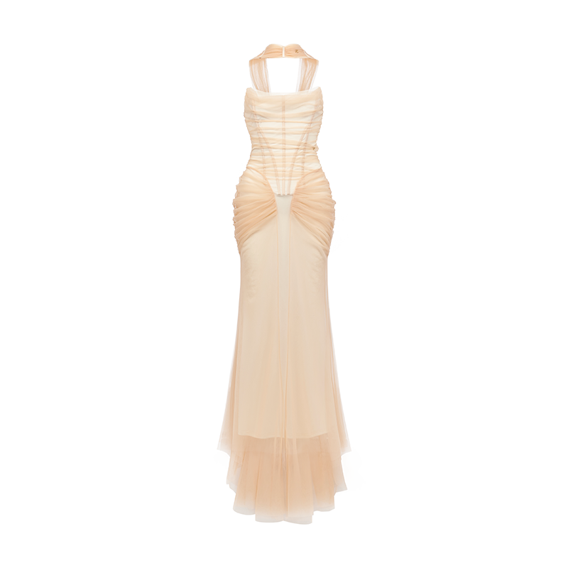 Black & Apricot Tulle Ruffled Slim-fit Strapless Dress - CHINASQUAD