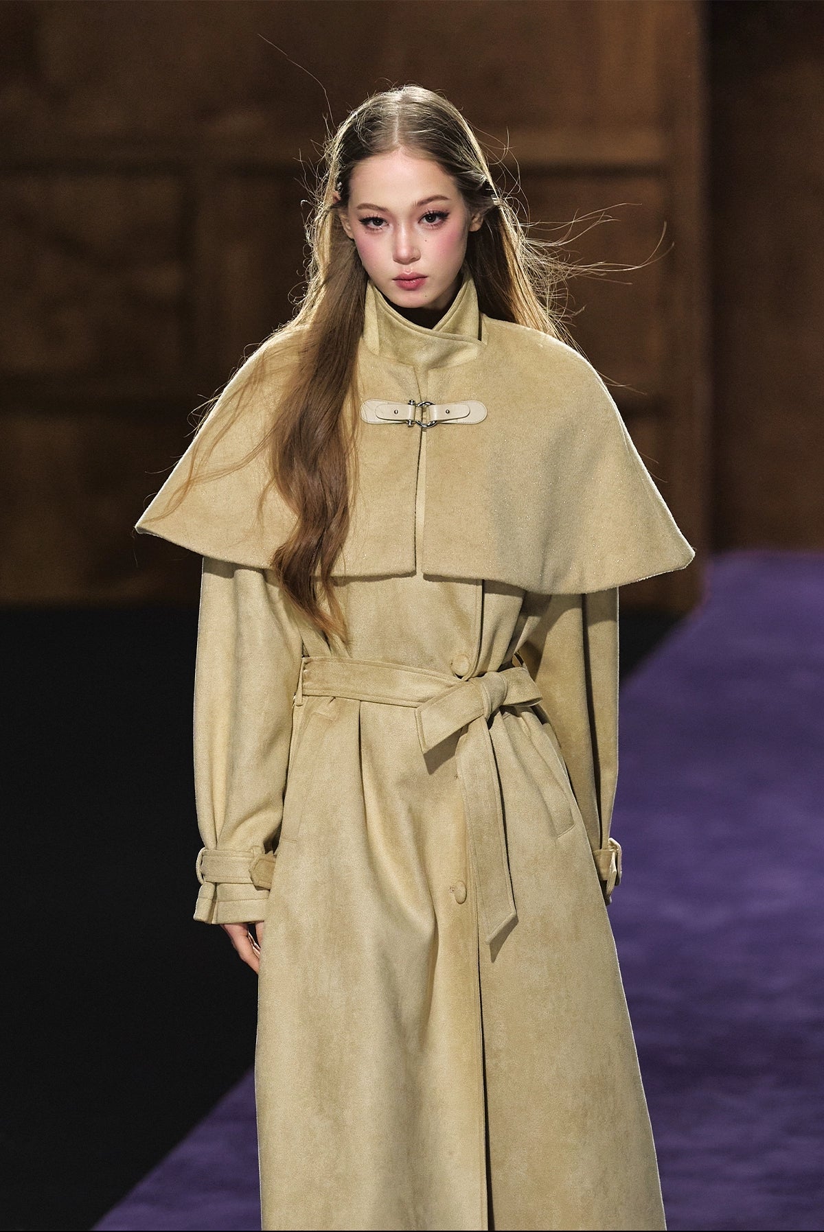 Shimmer Wool Cape Overlay & Suede Long Detachable Belt Coat