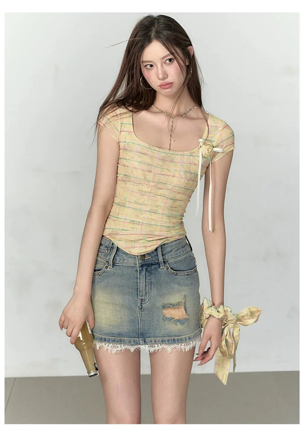 Pink & Yellow & Black Fitted Plaid Square Neck Top - CHINASQUAD