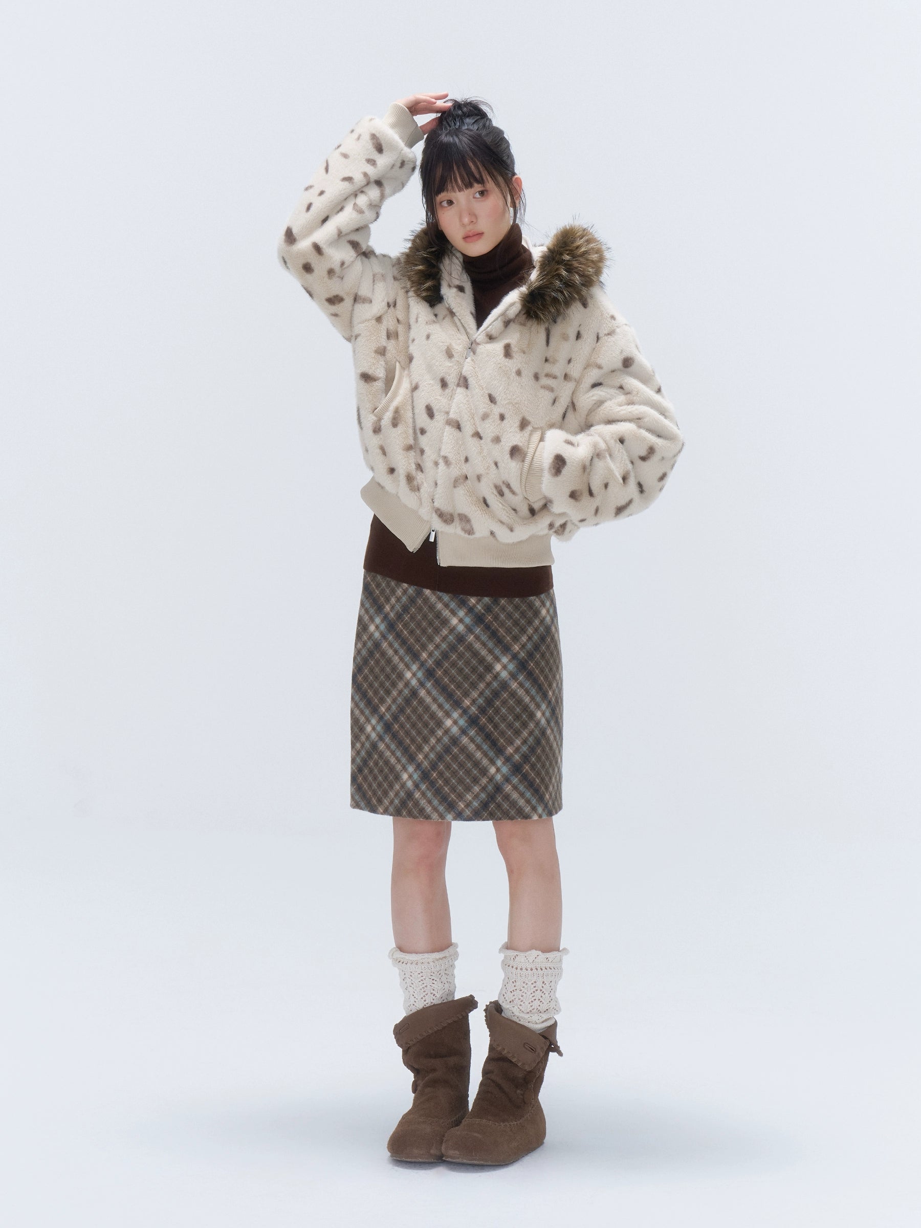 Faux Fur Hooded Zip-Up Cropped Jacket