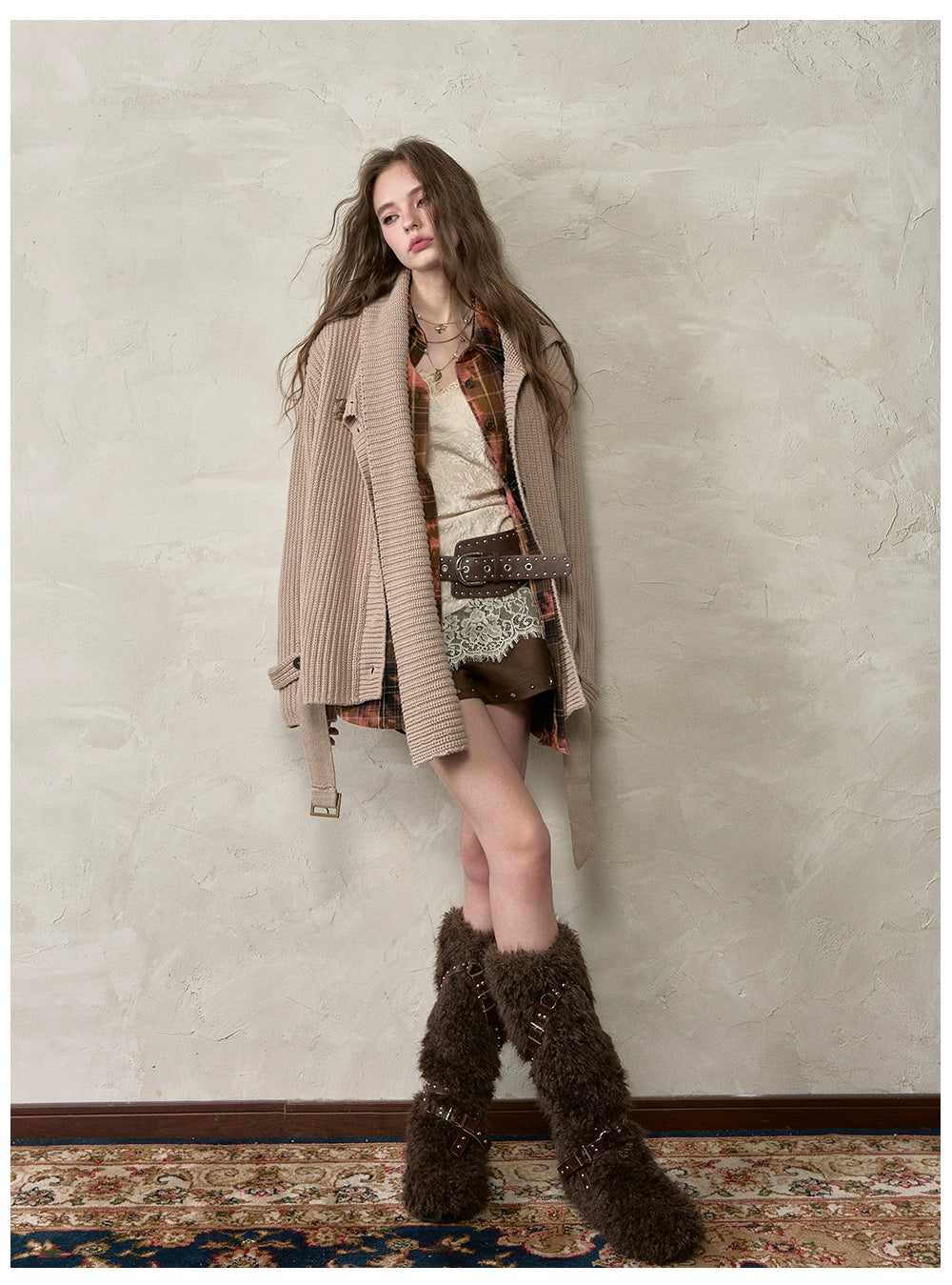 Oversized Turtleneck Cardigan with Attached Scarf - CHINASQUAD