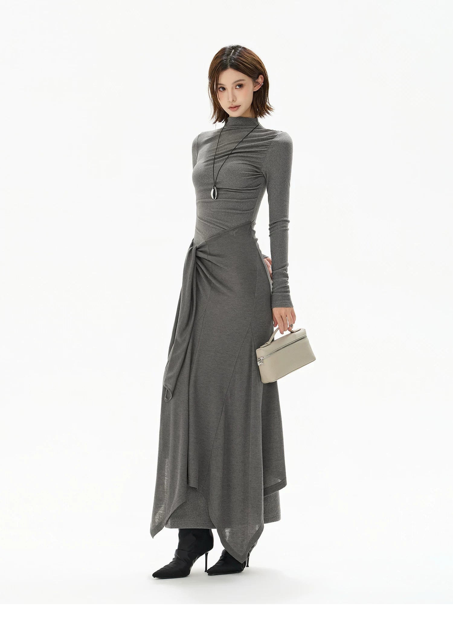 Half-High Neck Tie-Detail Knit Maxi Dress