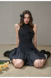 Bow Halter Checked Pleated Dress - CHINASQUAD