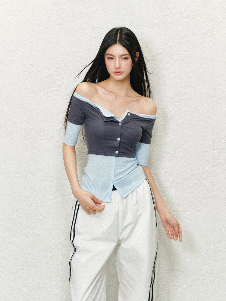 Off-Shoulder Fake Two-piece Color Block T-shirt - CHINASQUAD