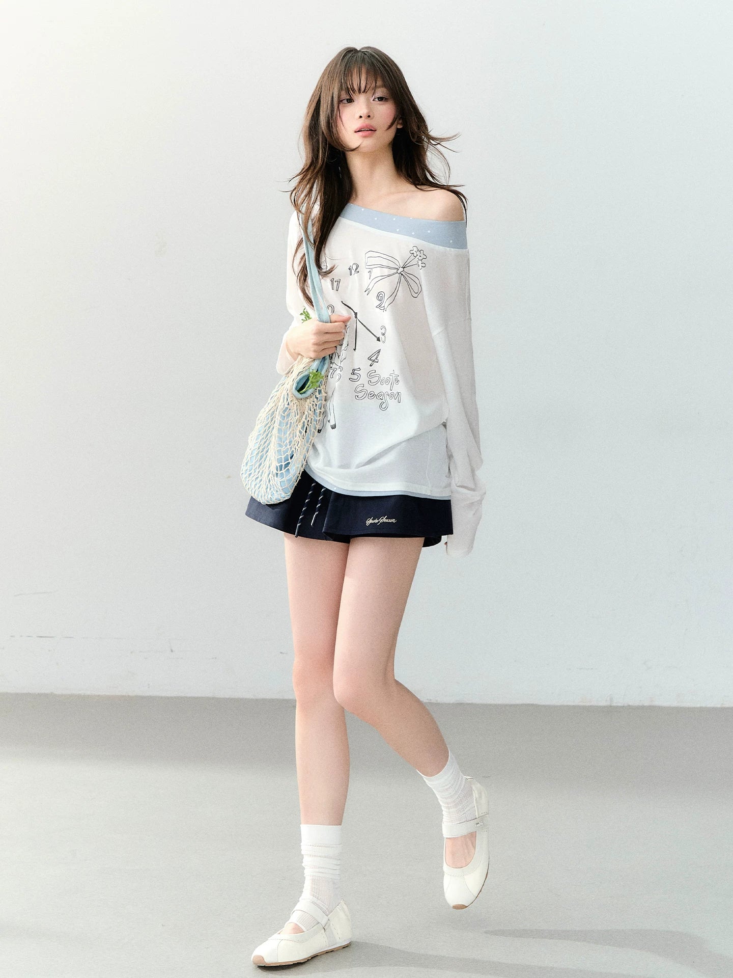 Clock Print Polka Dot Relaxed Long Sleeve blouse