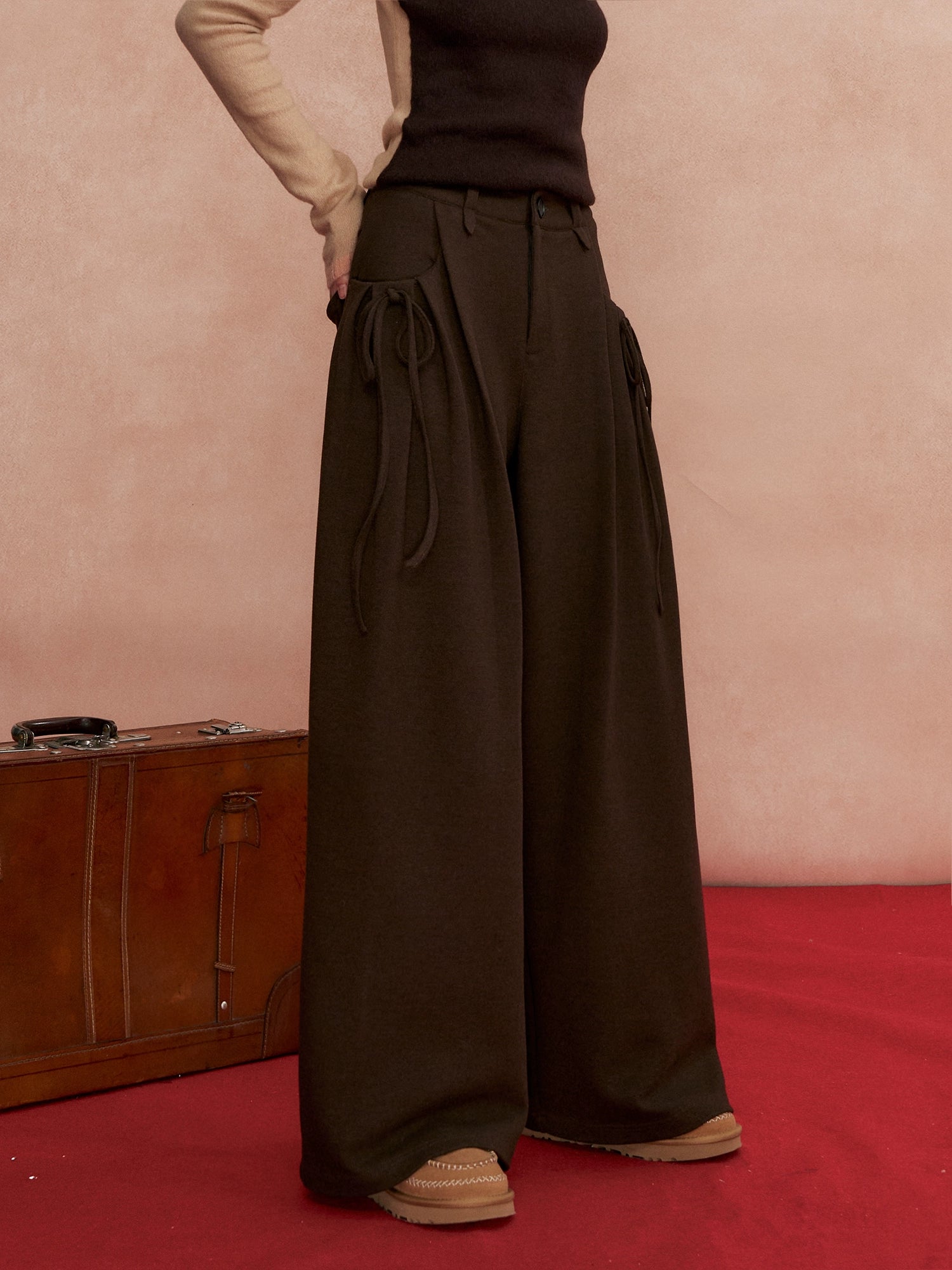 Pleated Bow Wool Blend Trousers