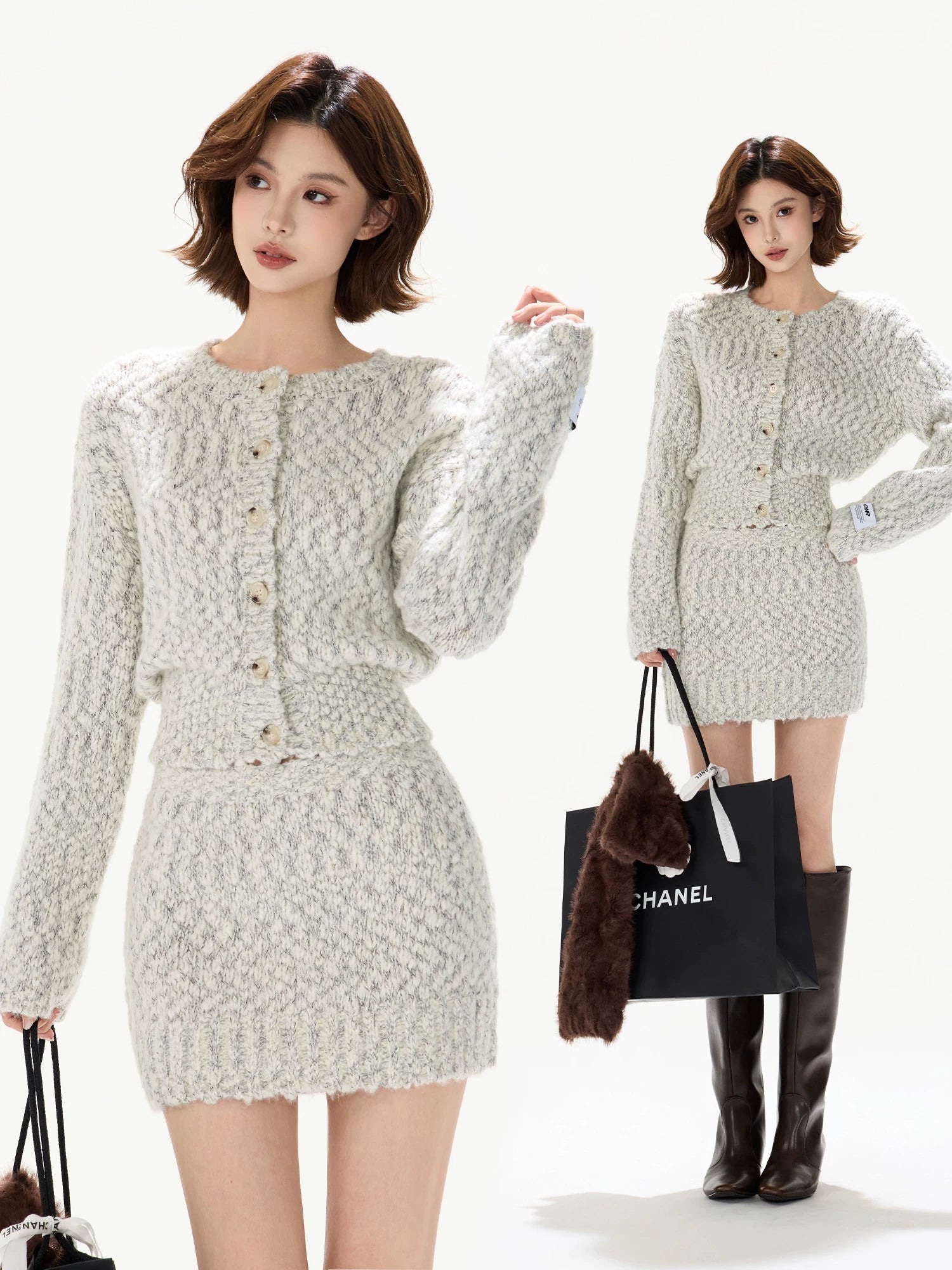 Knit Cardigan & Mini Skirt Tweed-Style Set