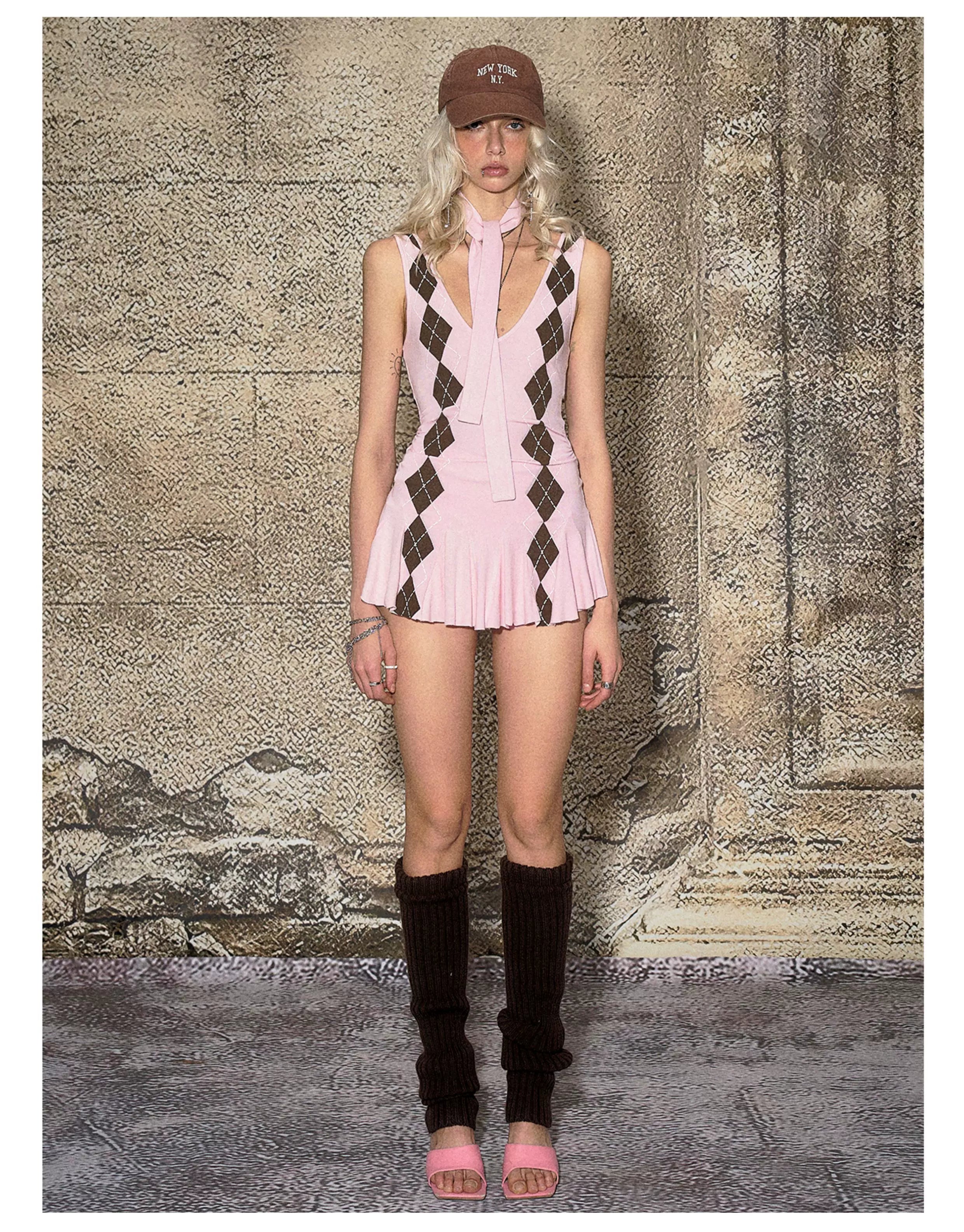 Deep V Knit Pleated Mini Dress & Shorts Set