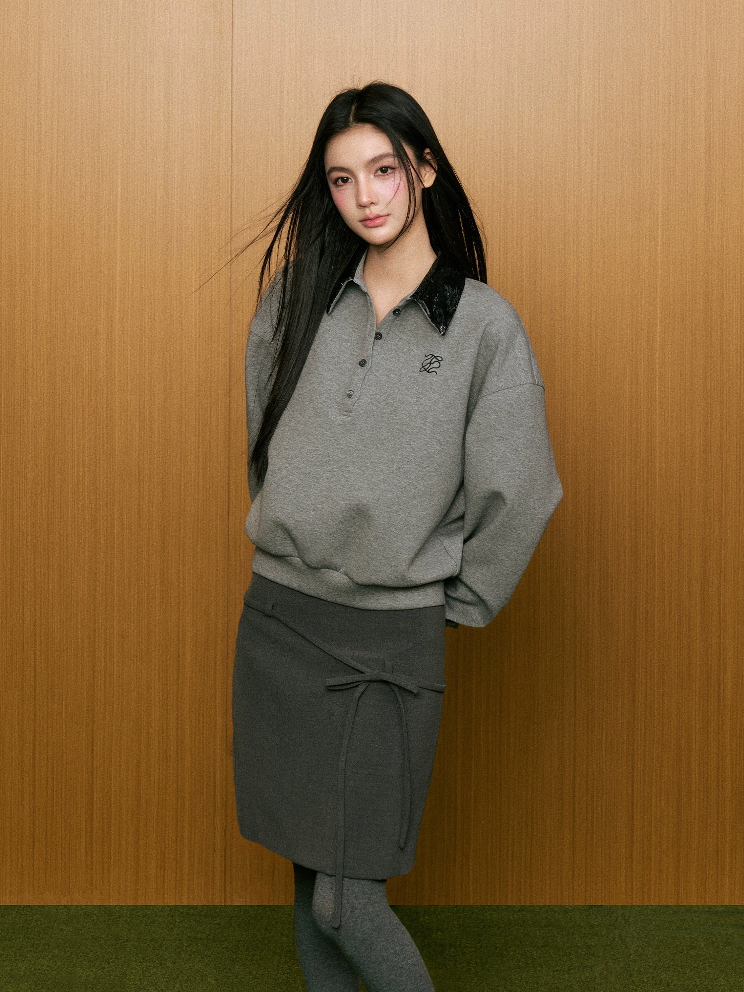 Sequin Collar Polo Sweatshirt - CHINASQUAD