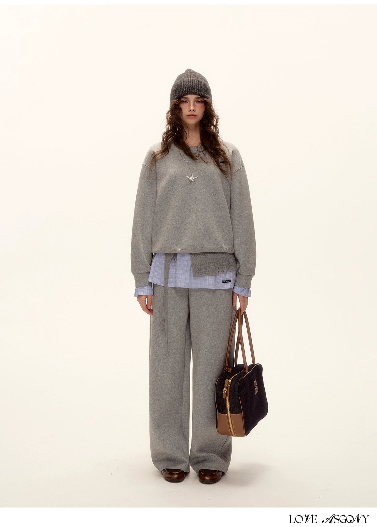 Patchwork Sweatshirt & Curved-Hem Knit Pants Set