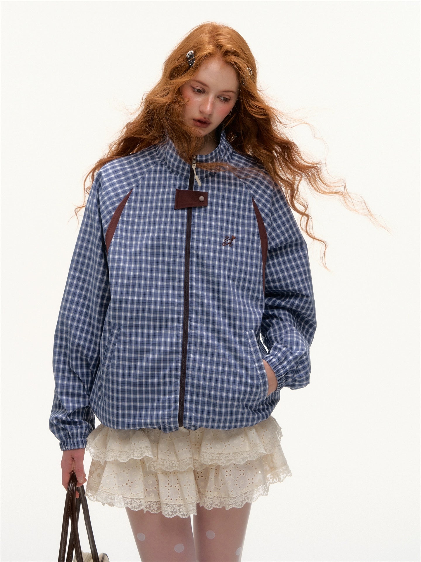 Retro Plaid Colorblock Windbreaker Jacket - CHINASQUAD