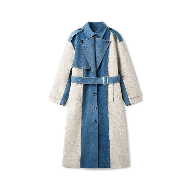 “Caracal Series” Washed Twill Patchwork Wool Denim Trench Coat - CHINASQUAD