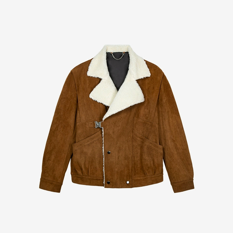 Lamb Wool Collar Faux Suede Jacket - CHINASQUAD