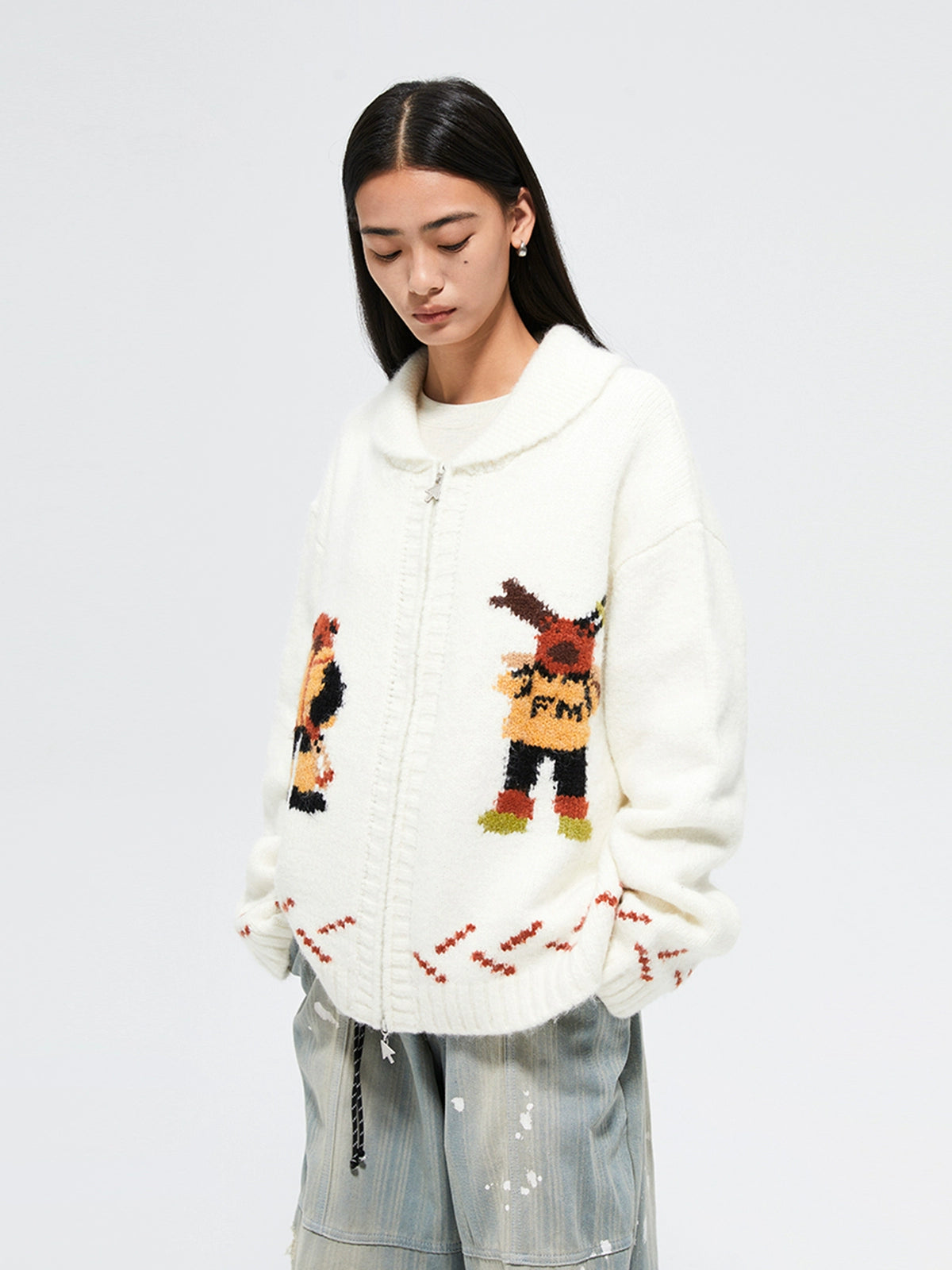 Nordic Skiing Bear Jacquard Christmas Collar Knit Cardigan - CHINASQUAD